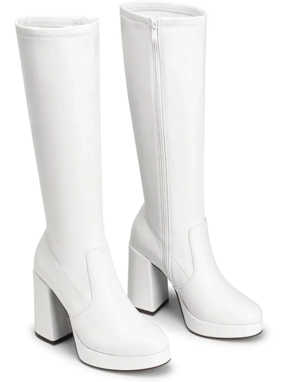 Women's White Chunky Platform Heel Round Toe Side Zipper Knee High Boots